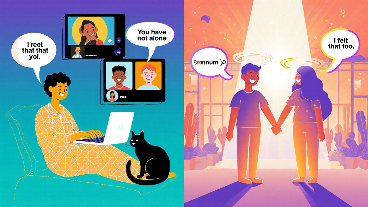 A person on a Zoom call with supportive faces on screen, and another holding hands in person, surrounded by glowing words of empathy.