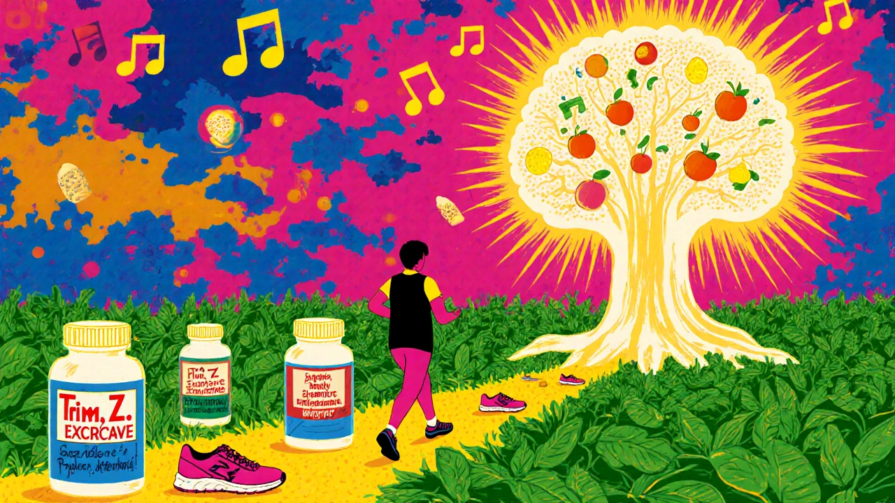 A person walking on a healthy path away from pill bottles toward a glowing tree symbolizing lifestyle change.