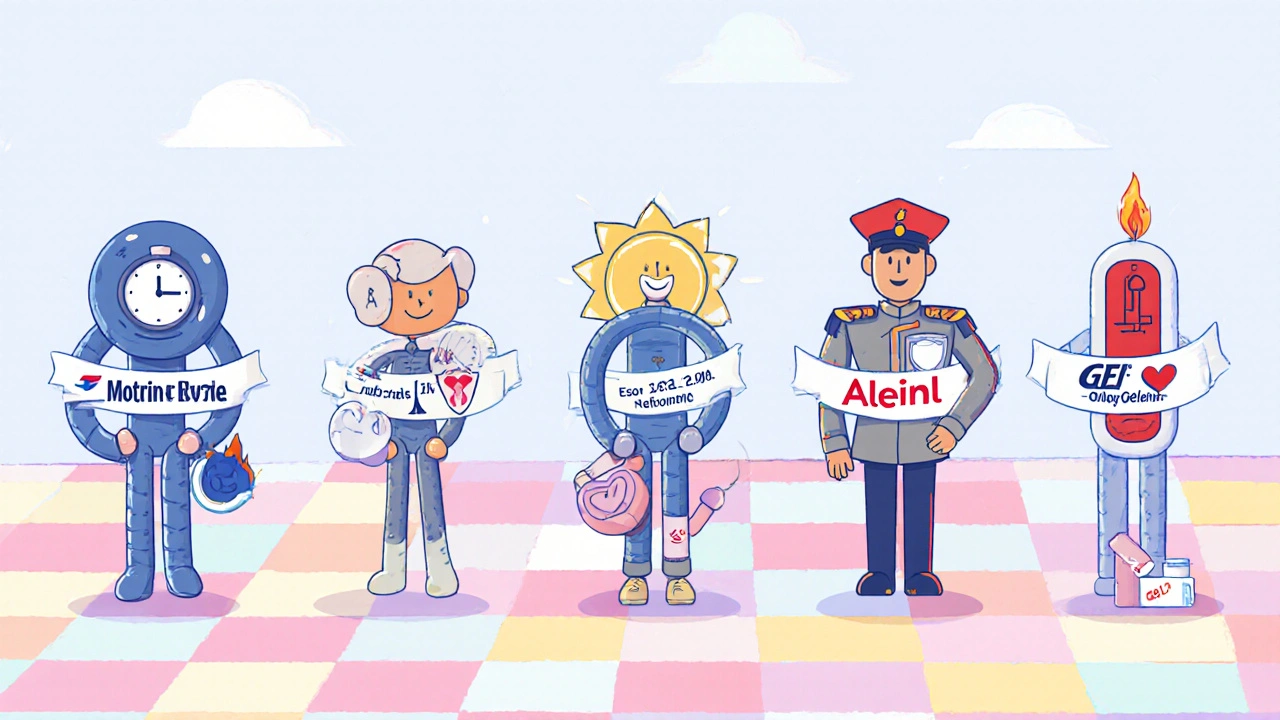 Animated characters representing different pain relievers compare key features.