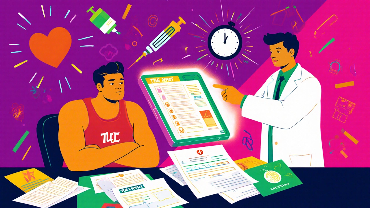 Athlete and doctor reviewing colorful TUE documents and a digital drug reference screen.