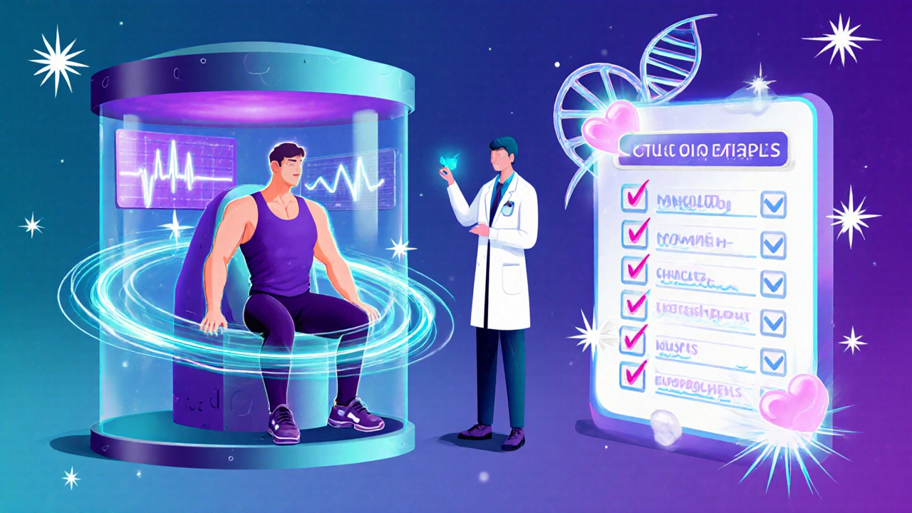 Athlete in a high‑tech pod with holographic health monitors and a futuristic precision‑medicine backdrop.