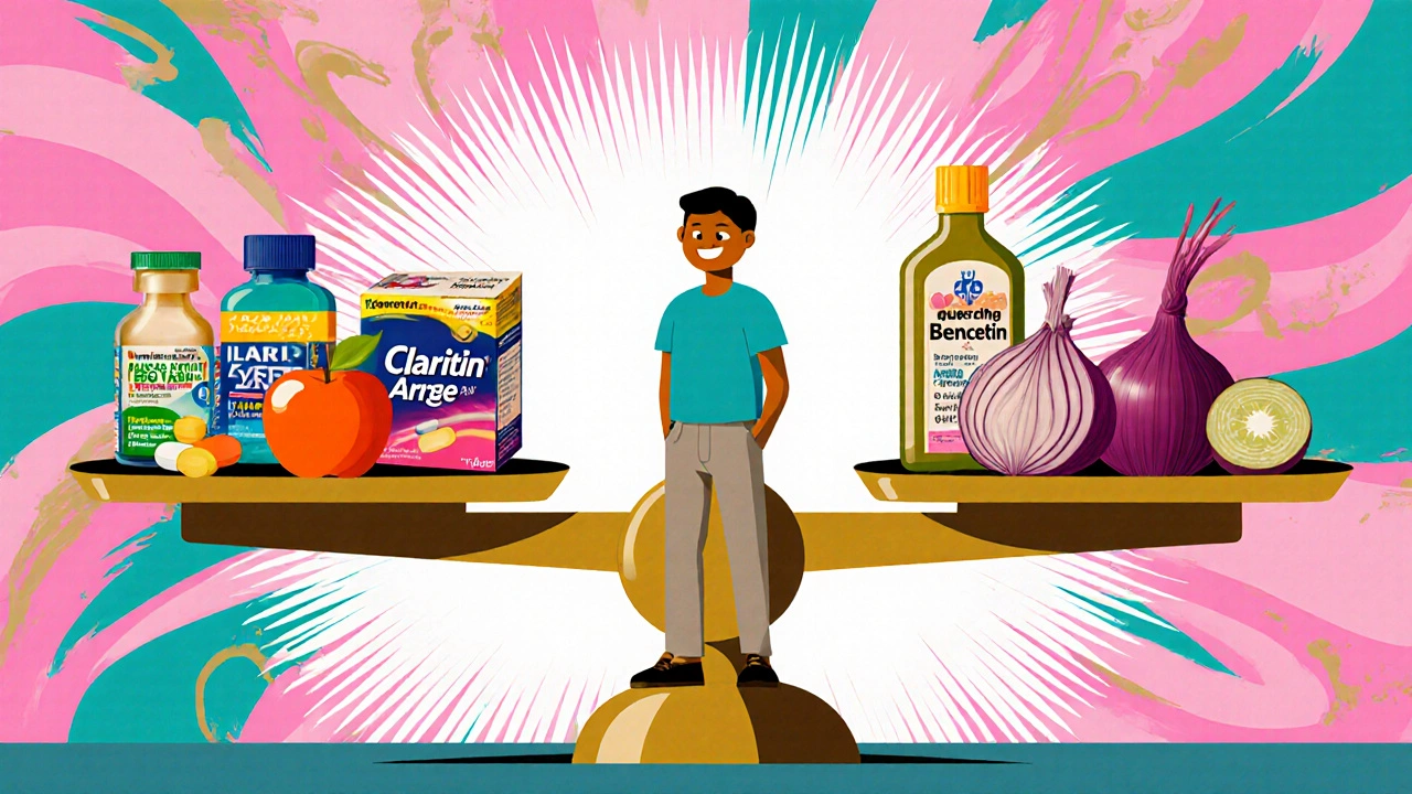 Balanced scene of allergy pills and natural foods like apples and onions, highlighting alternative relief options.