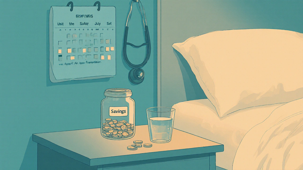 Bedroom night scene with a pill bottle, savings jar, calendar reminders, and a doctor’s stethoscope.
