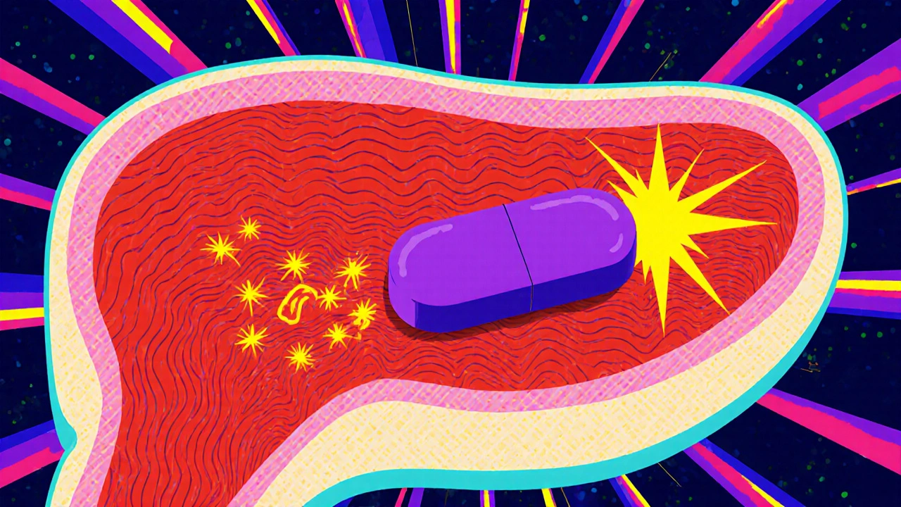 Bladder cross‑section showing muscle fibers, calcium particles, and a pill blocking them.