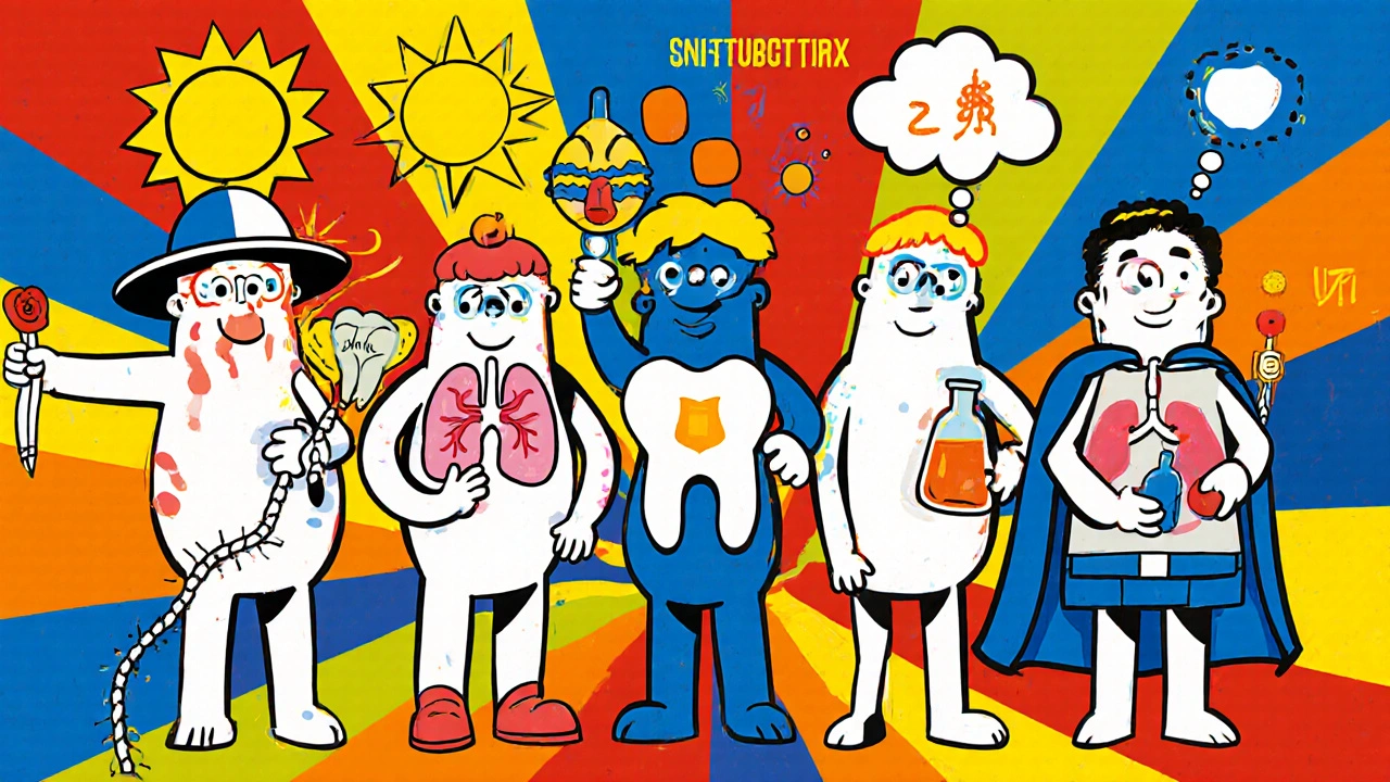 Cartoon antibiotic characters showing uses and side‑effect symbols.