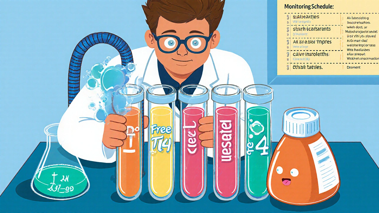 Cartoon lab shows test tubes for TSH, T4, liver enzymes, and a dosage chart.