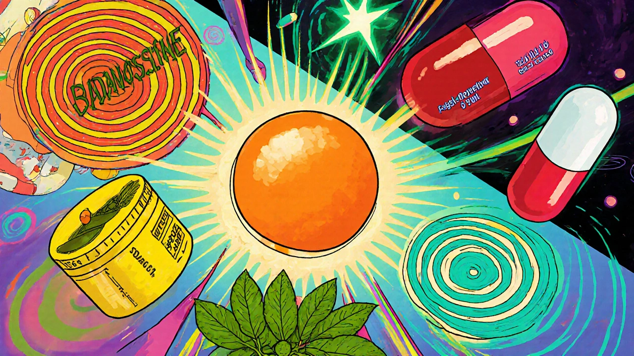 Cartoon of Didanosine tablet surrounded by colorful antacid, ritonavir pill, and St. John&#039;s Wort leaves showing interactions.