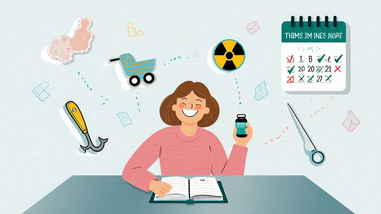 Cartoon patient holds medication diary, pill bottle, and icons for pregnancy and alternatives.