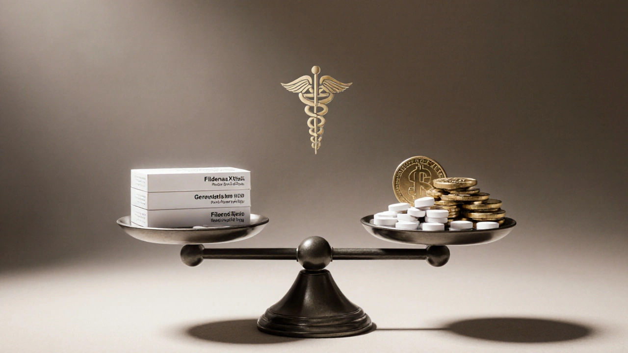 Classic balance scale weighing a pile of white tablets against generic pills and a gold coin.