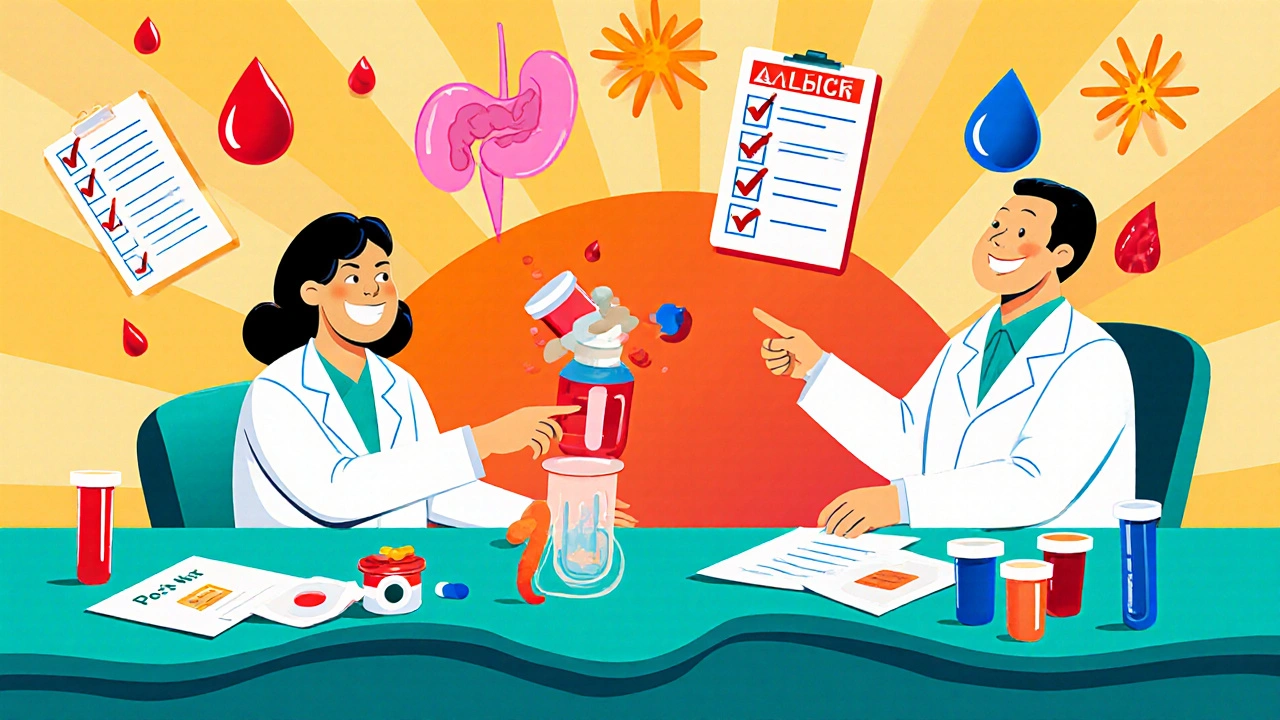 Clinic scene with doctor, patient, lab icons, and warning symbols in bright cartoon style.