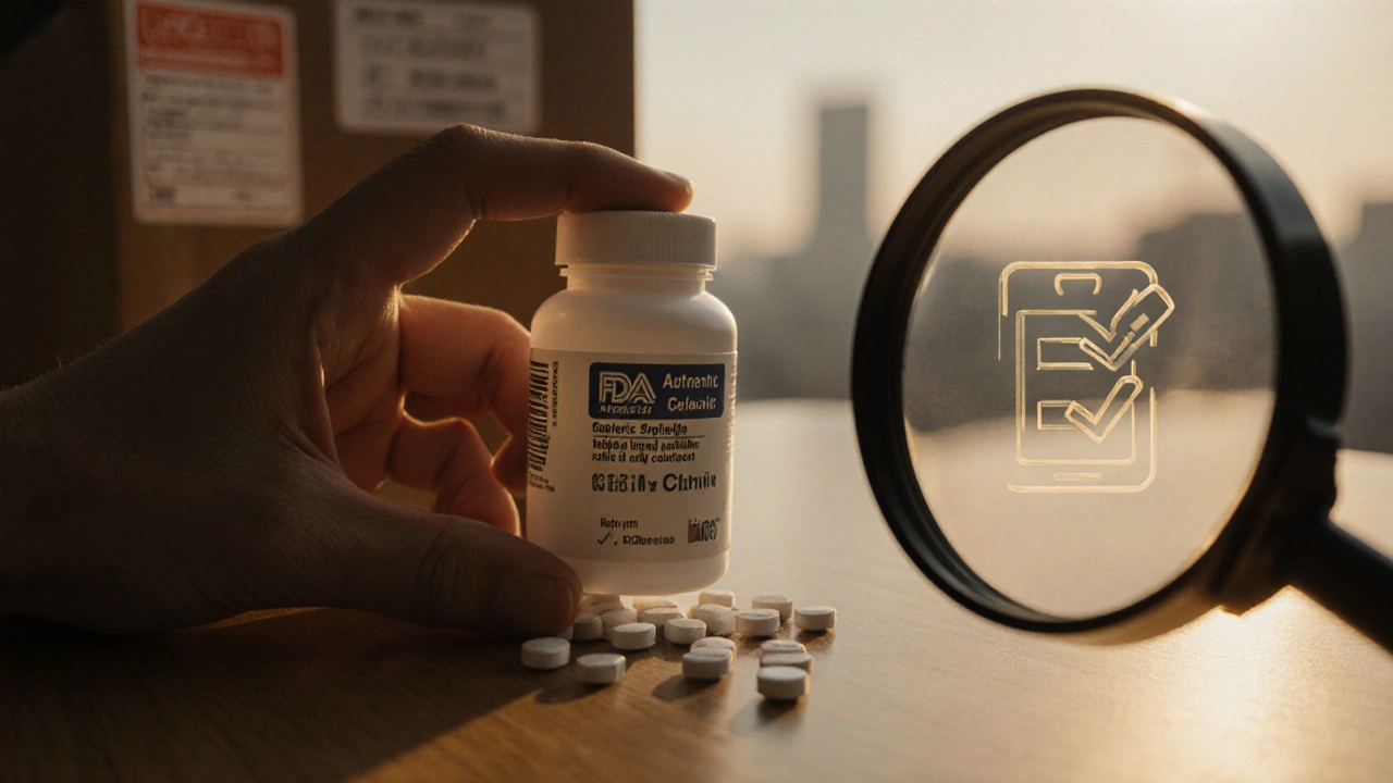Close-up of hand inspecting a bottle of generic celecoxib tablets with a magnifying glass.