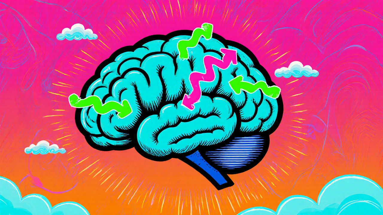 Colorful brain with glowing serotonin pathways forming a brake effect.