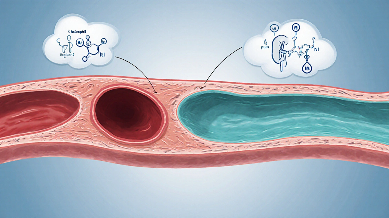 Cross‑section of artery showing dilation with ACE inhibitor and icons for side effects.