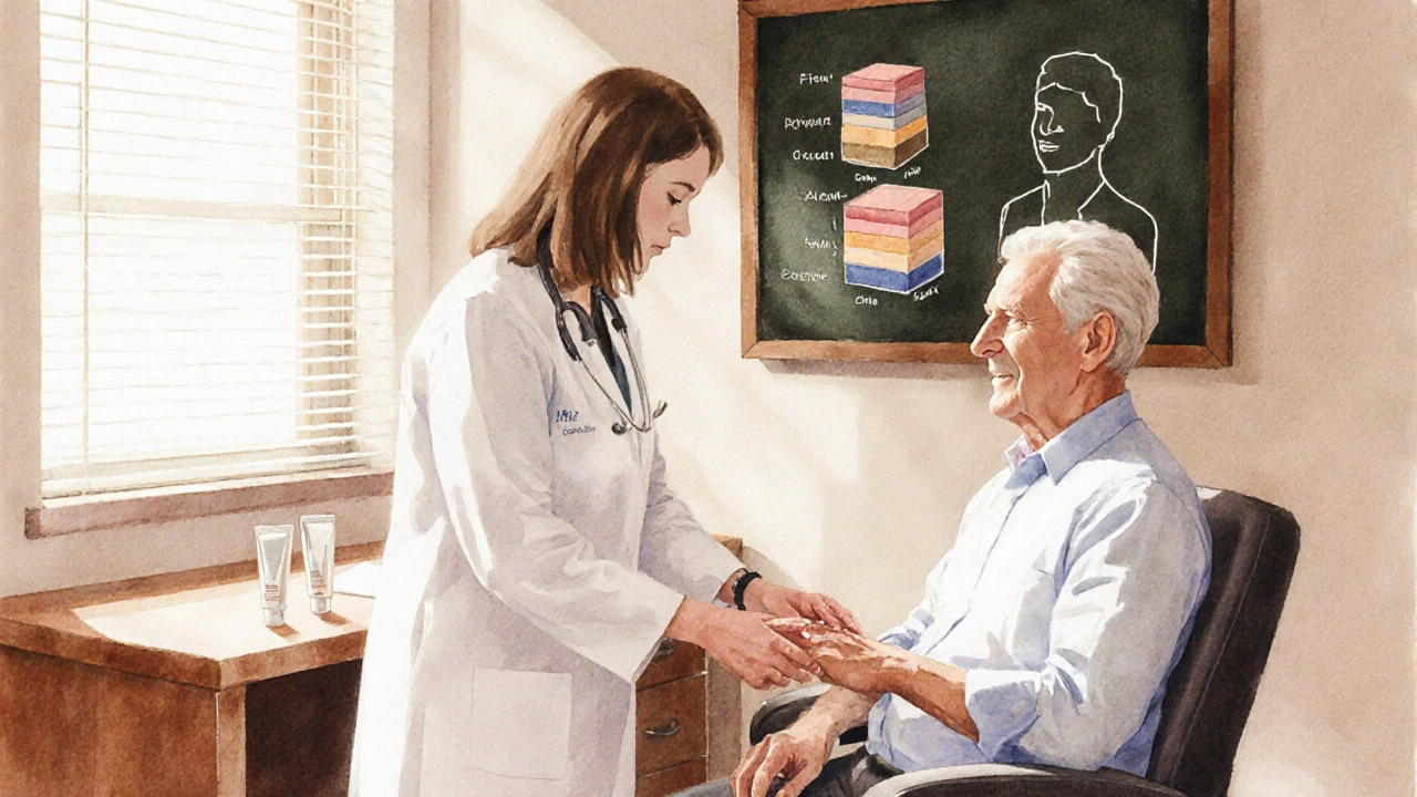 Dermatologist consulting a patient, examining the patient&#039;s skin in a warm clinic.
