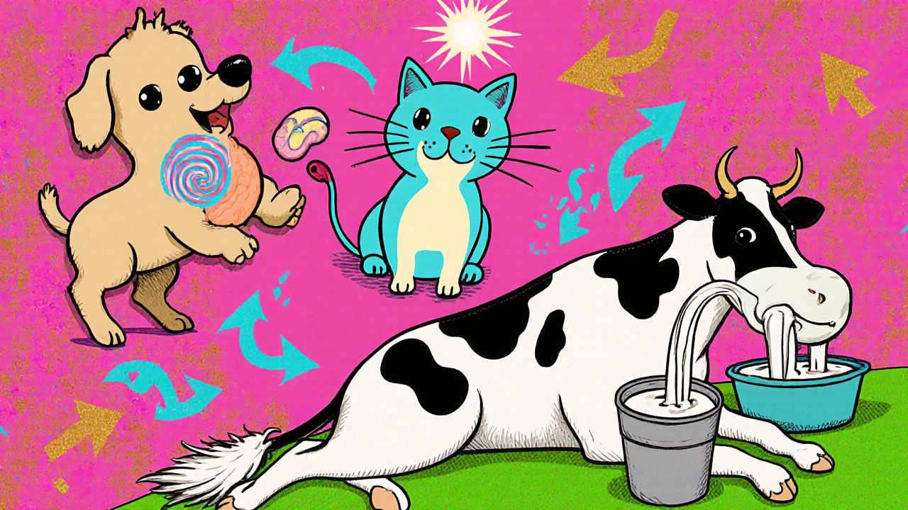 Dog, cat, and dairy cow shown with visual cues of improved gut motility and milk production.