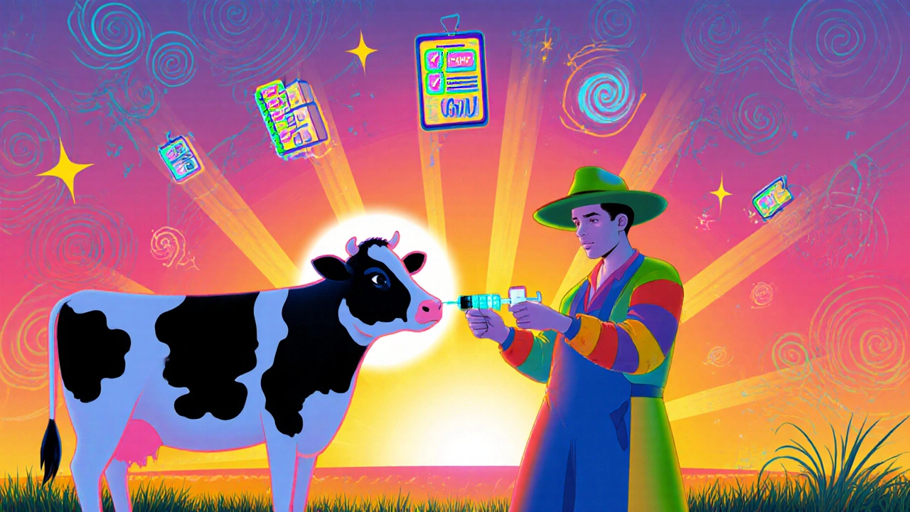 Farmer injecting a glowing cow with a futuristic Domperidone depot, surrounded by checklist icons.