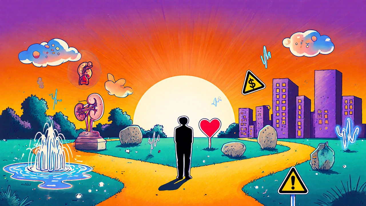 Figure at a crossroads choosing between a garden with healthy kidney and heart or a city with warning symbols.