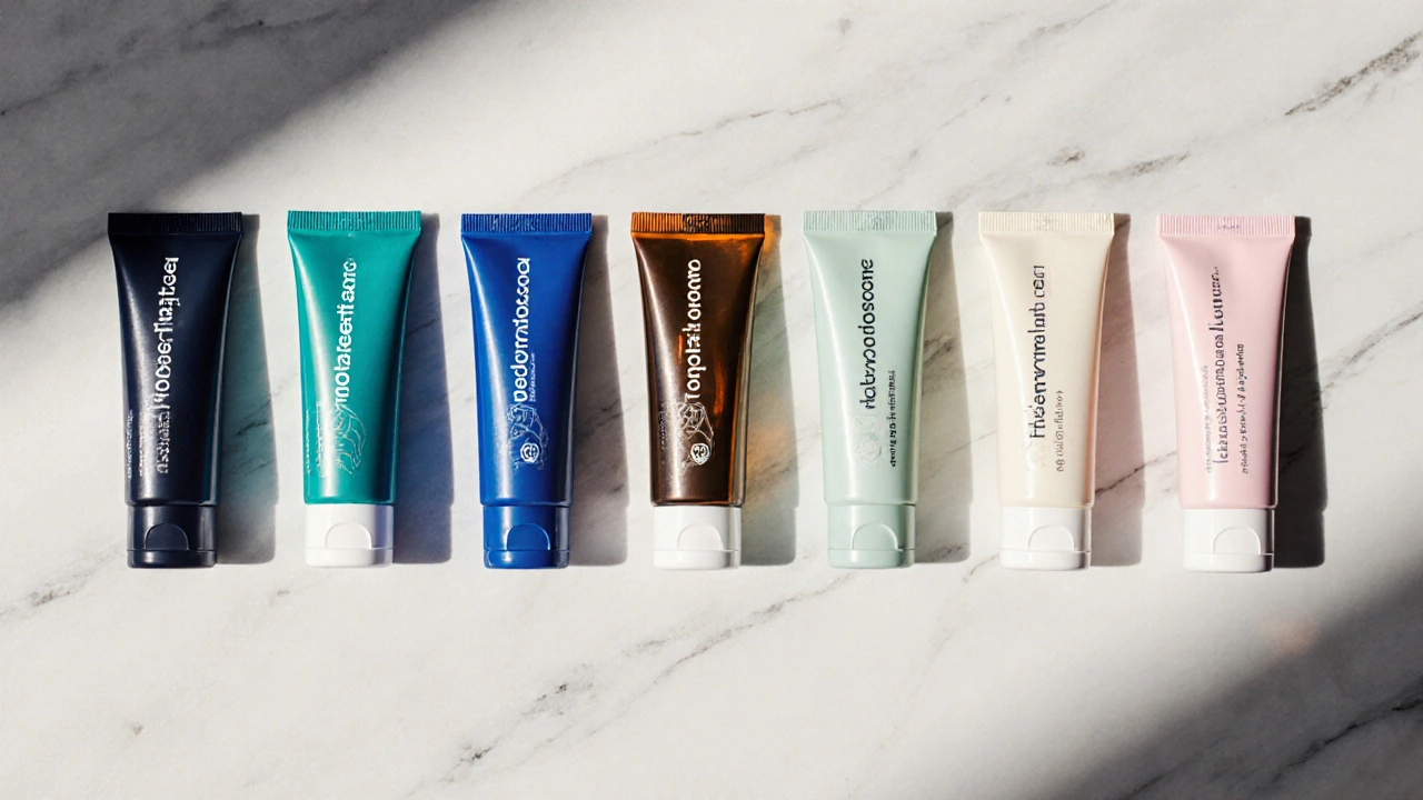 Flat‑lay of seven different topical medication tubes on a marble surface.