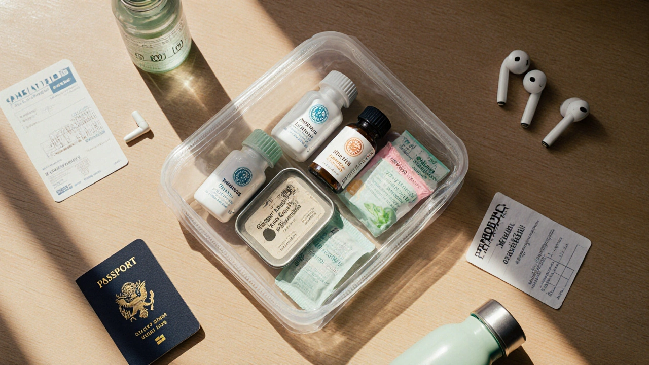 Flat‑lay of zip‑lock pouch containing antacids, ginger chews, peppermint tea, and travel accessories.