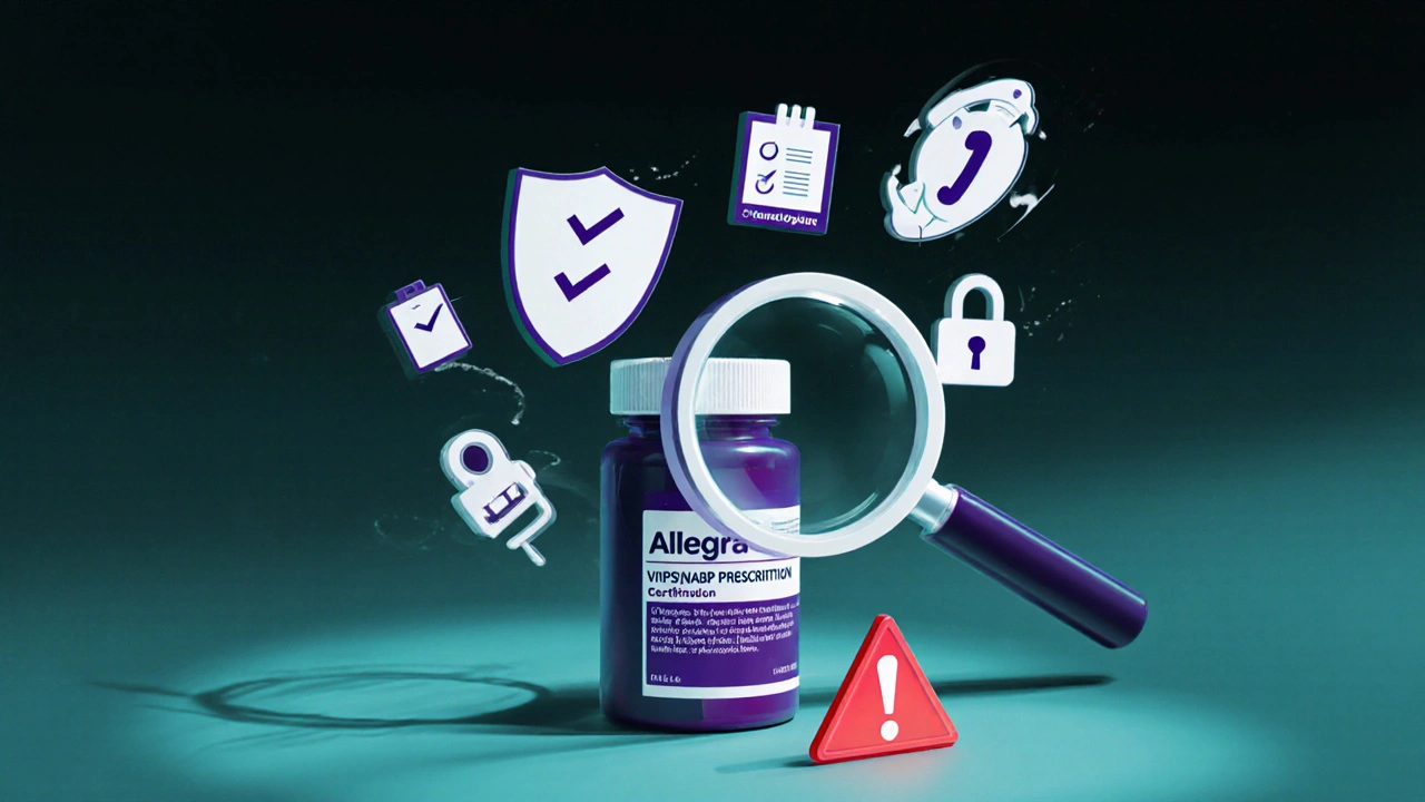 Floating checklist icons above a pill bottle with magnifying glass, red warning hint.