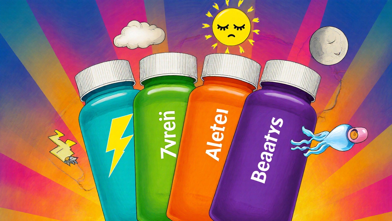 Four colorful pill bottles labeled Claritin, Zyrtec, Allegra, and Benadryl, each paired with icons showing onset speed and sedation.