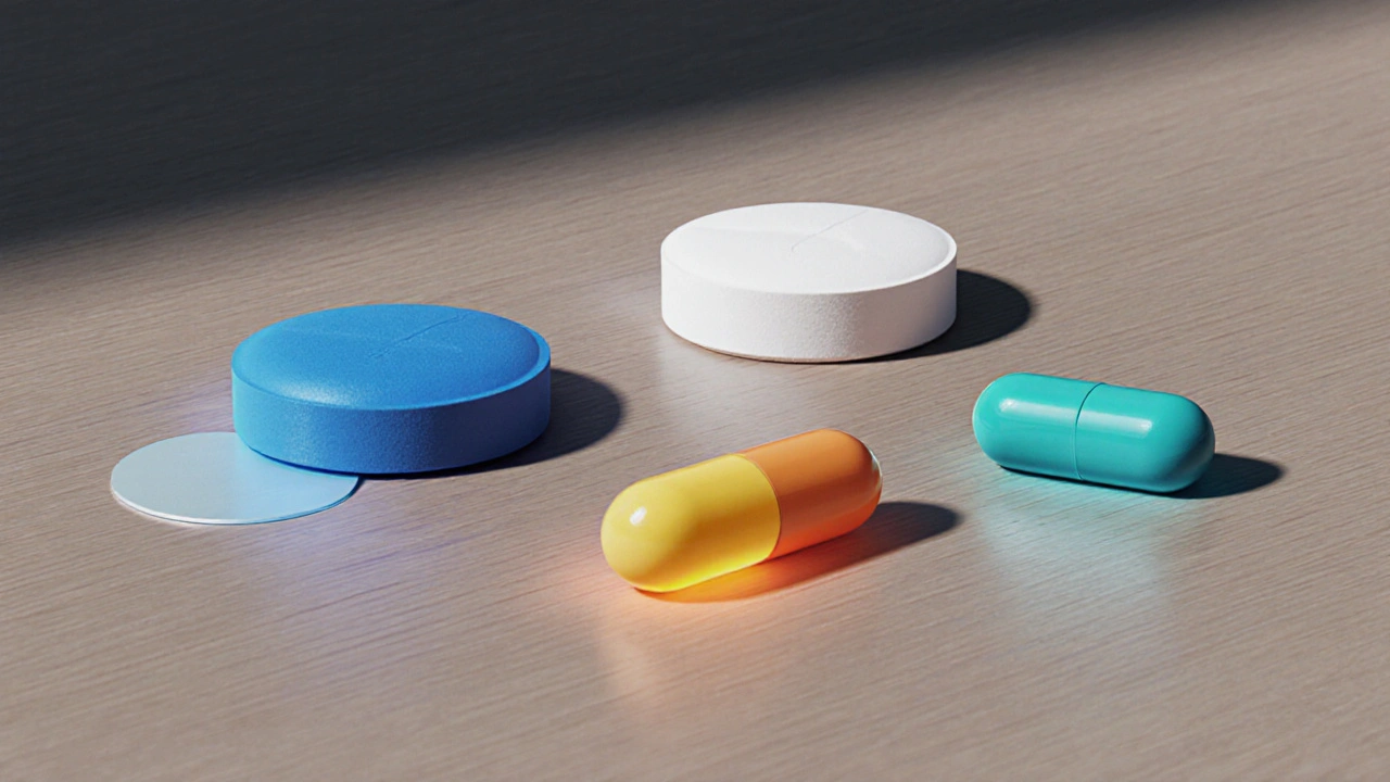 Four different ED pills: soft tablet, pill, capsule, and teal capsule on a wooden surface.