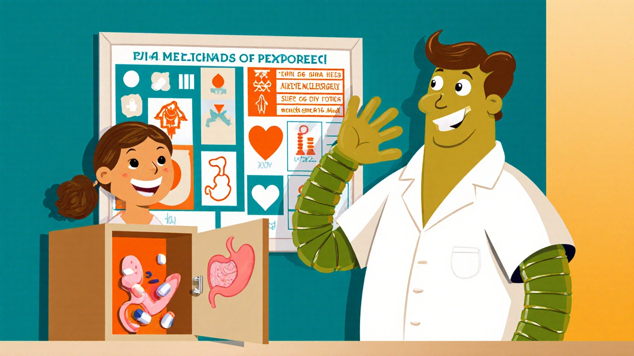 Friendly pharmacist gives safety tips with bouncing pill icons.