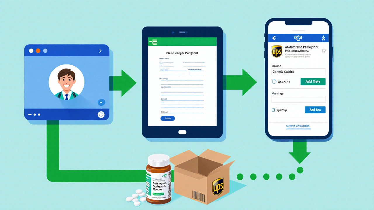 Illustrated workflow showing telehealth video call, prescription app, and pill bottle shipment.