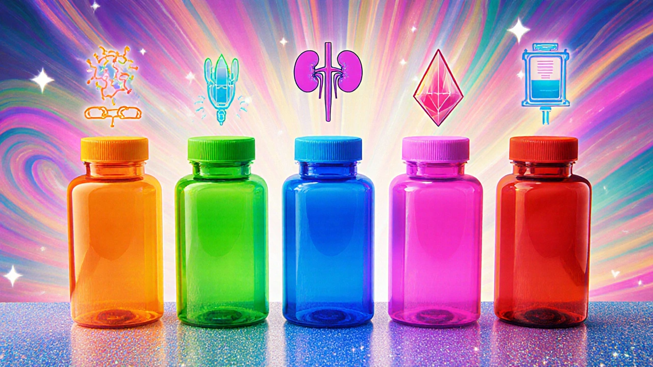 Line of five colorful medication bottles each surrounded by icons showing their gout treatment mechanisms.