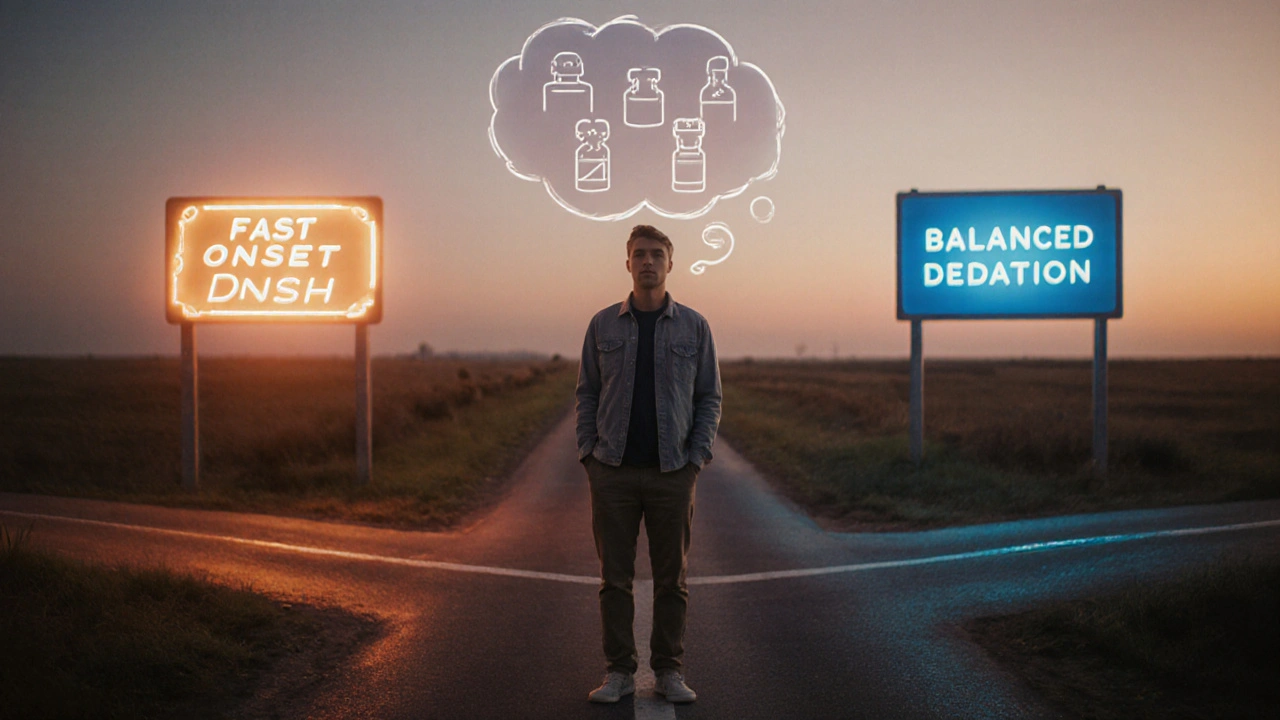 Man at a dusk crossroads deciding between fast, balanced, and long‑duration options.