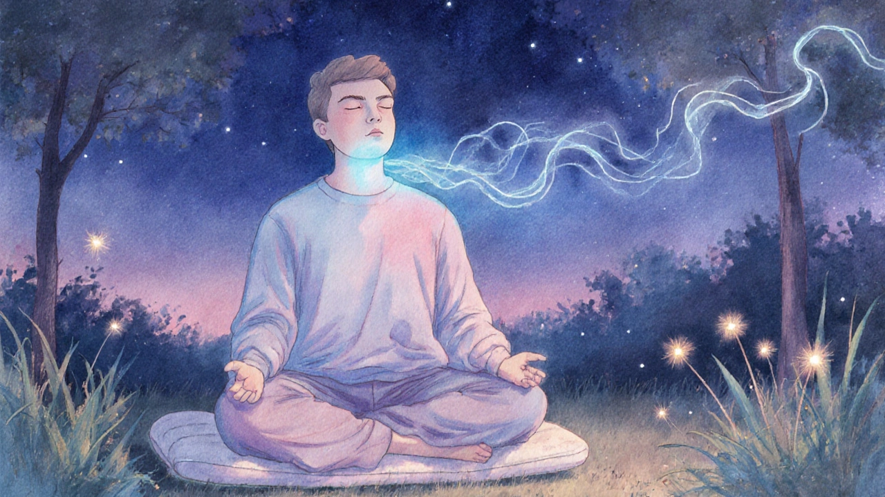 Man meditating in garden, soft aura indicating reduced stress.