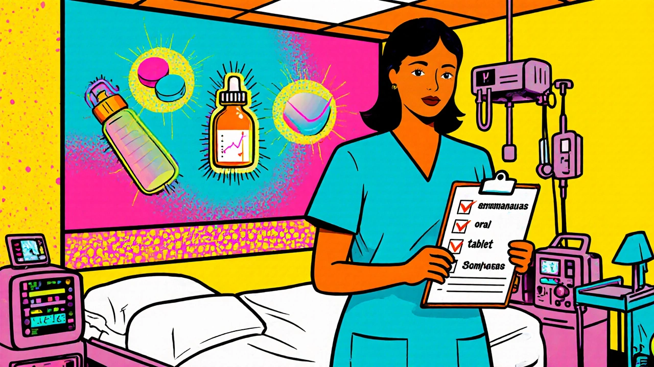 Nurse checking a colorful checklist with desmopressin route icons and monitoring charts.