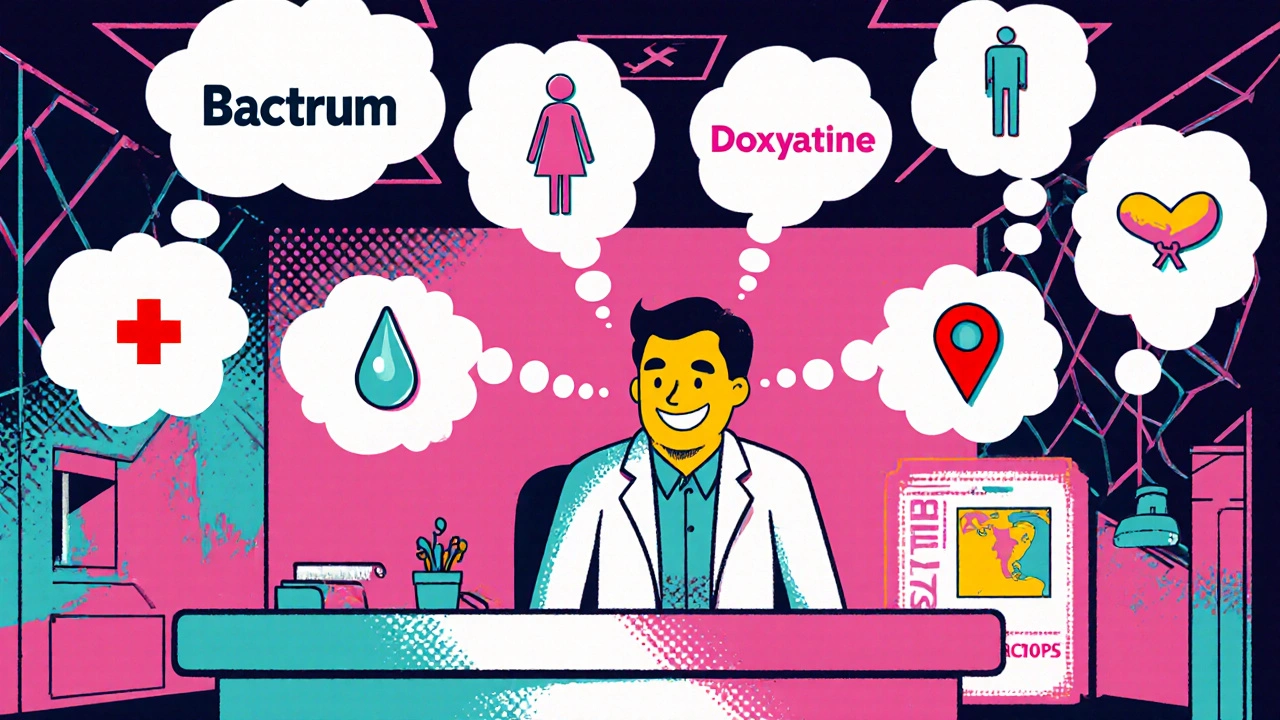 Patient and doctor with thought bubbles of antibiotic options and safety icons.
