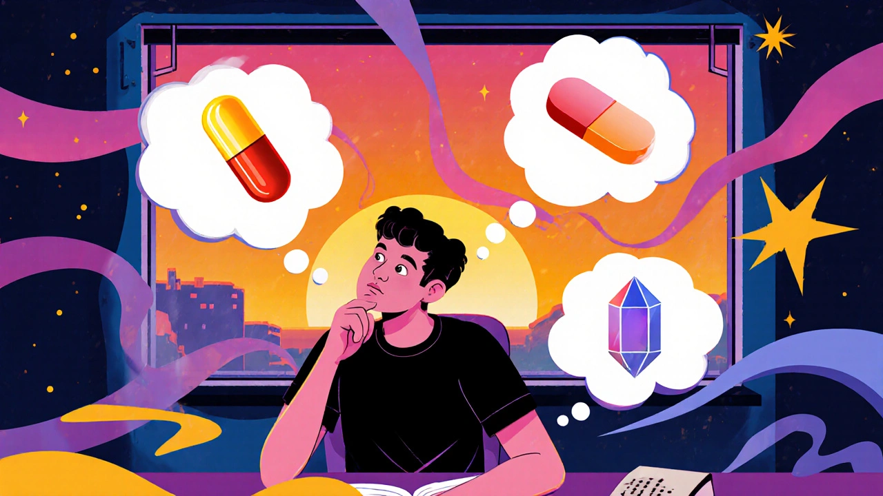 Person at desk surrounded by thought bubbles showing different nootropic pills.