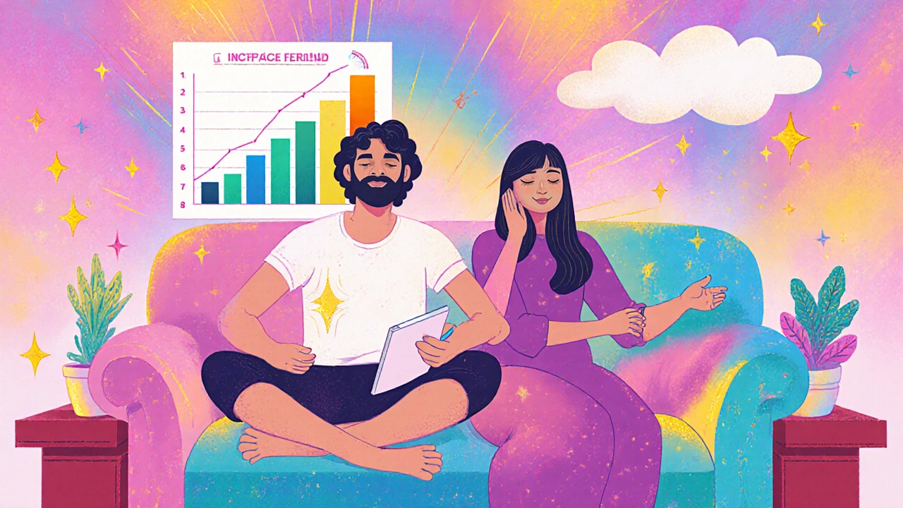 Relaxed couple practicing breathing, with a progress chart showing confidence.