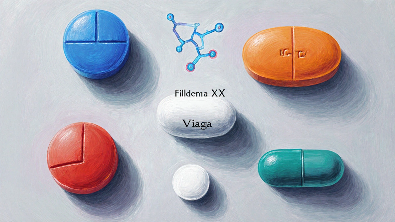Row of colorful pills representing various ED medications, centered by a larger white tablet.