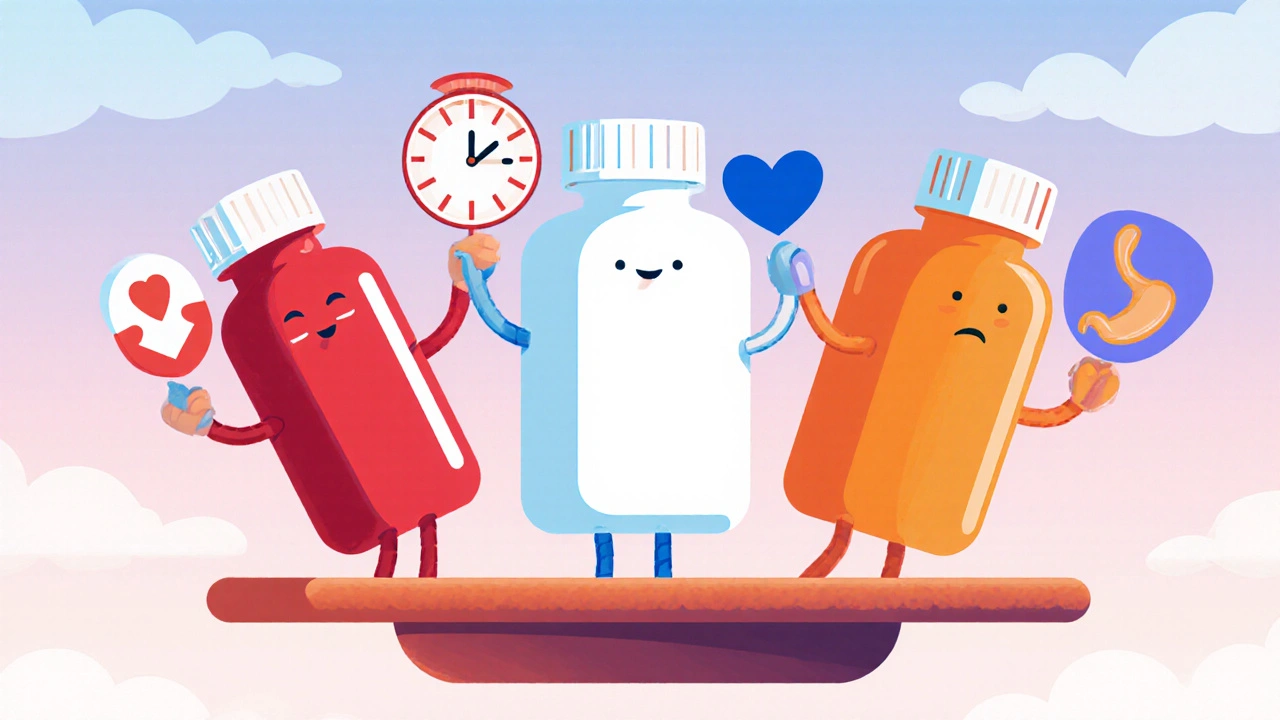 Rubber‑hose cartoon characters compare three pill bottles with clocks, hearts, and stomach icons.