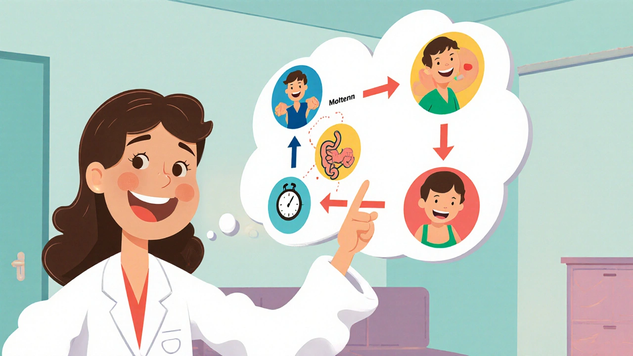Rubber‑hose style doctor points at a flowchart of pain‑relief choices with patient icons.
