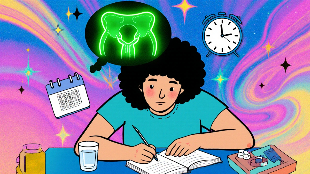 Someone writing a bladder diary at a table with a pill bottle and glowing pelvic‑floor illustration.
