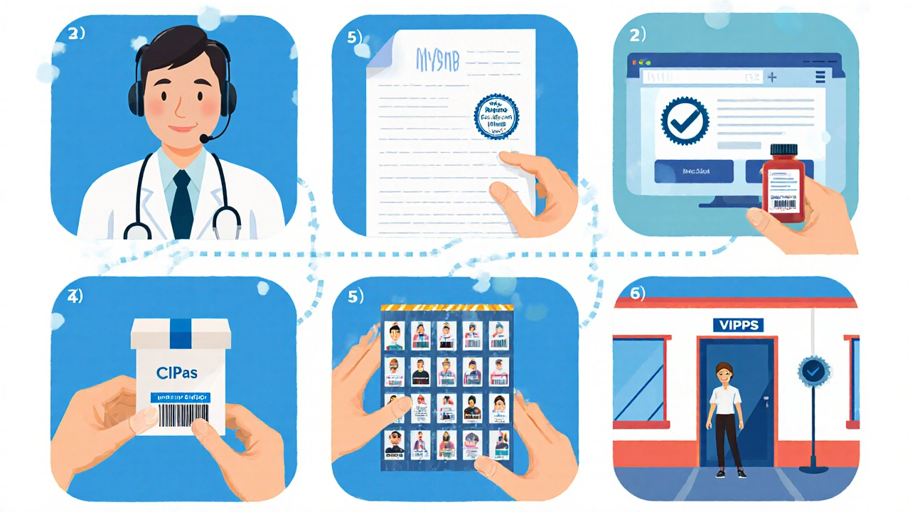 Storyboard showing telemedicine video call, prescription, online pharmacy, pill selection, shipping box, and delivery.
