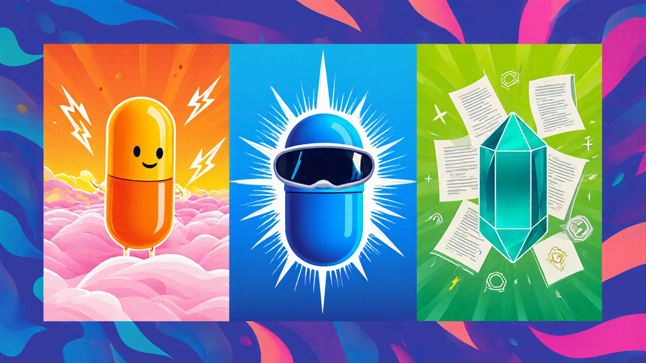 Three cartoon characters personify Sulbutiamine, Modafinil, and Piracetam with distinct colors.
