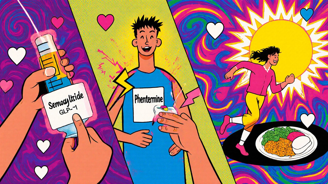 Three figures representing different weight loss methods surrounded by neon energy waves and glowing food.