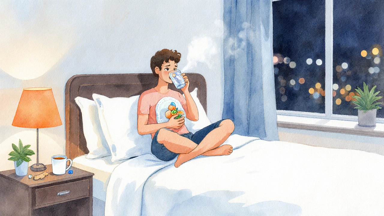 Watercolor of traveler sitting upright in hotel room, sipping water with antacid tablet and warm compress.
