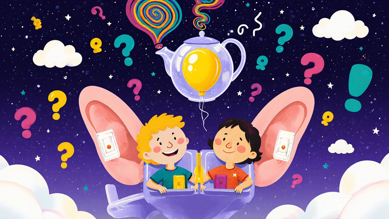 A child and adult on an airplane with glowing ears and steam swirls, illustrating Eustachian tube relief during flight.