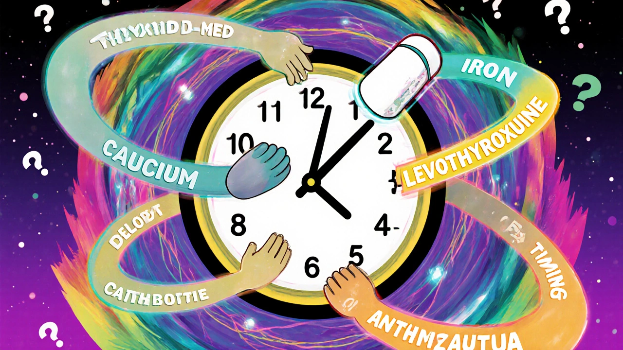 A cosmic clock shows proper timing between thyroid meds, calcium, iron, and antibiotics.