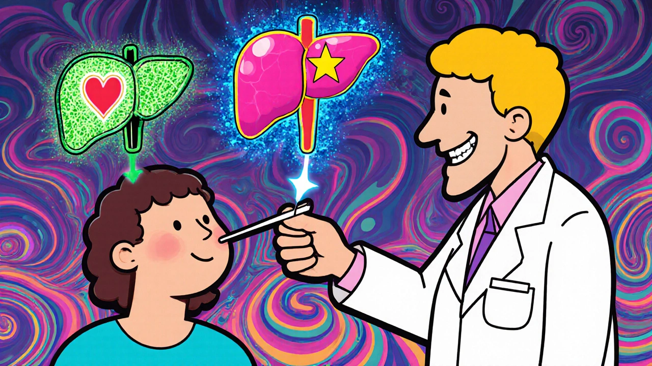 A doctor giving a cheek swab test as three different statin pills float with unique glowing pathways.