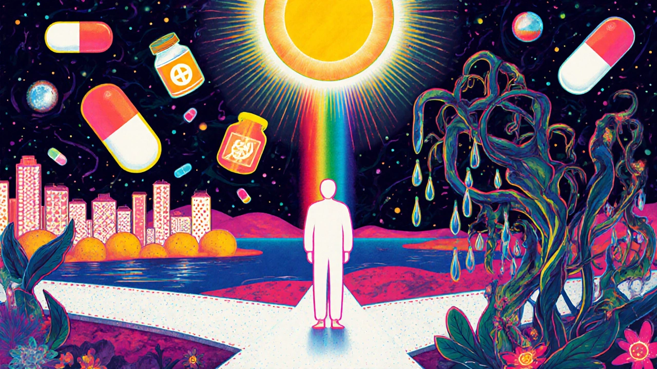 A figure at a crossroads with glowing medication paths, surrounded by floating pills and blooming medical flowers in psychedelic style.