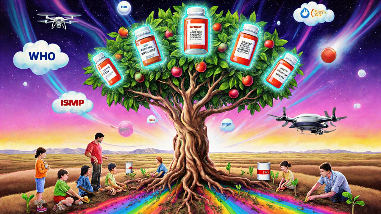A futuristic medical tree with pill-shaped leaves and safety alert fruit, people planting &#039;Report Side Effects&#039; seeds.