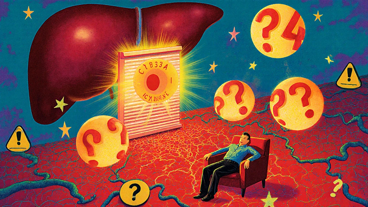 A giant liver with a shut enzyme door, causing blood vessels to flood with oversized drug molecules in vibrant colors.