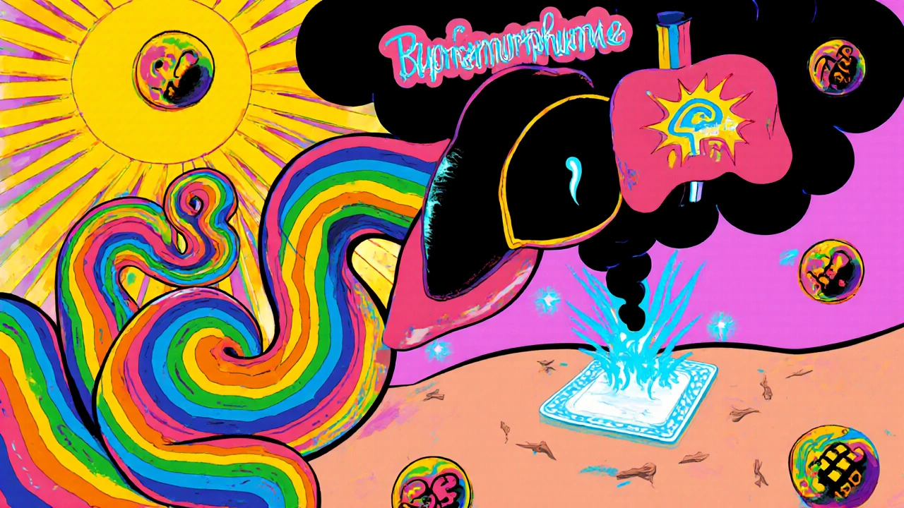 A gut-liver loop with toxic smoke neutralized by a buprenorphine patch and probiotic orbs in bright psychedelic style.
